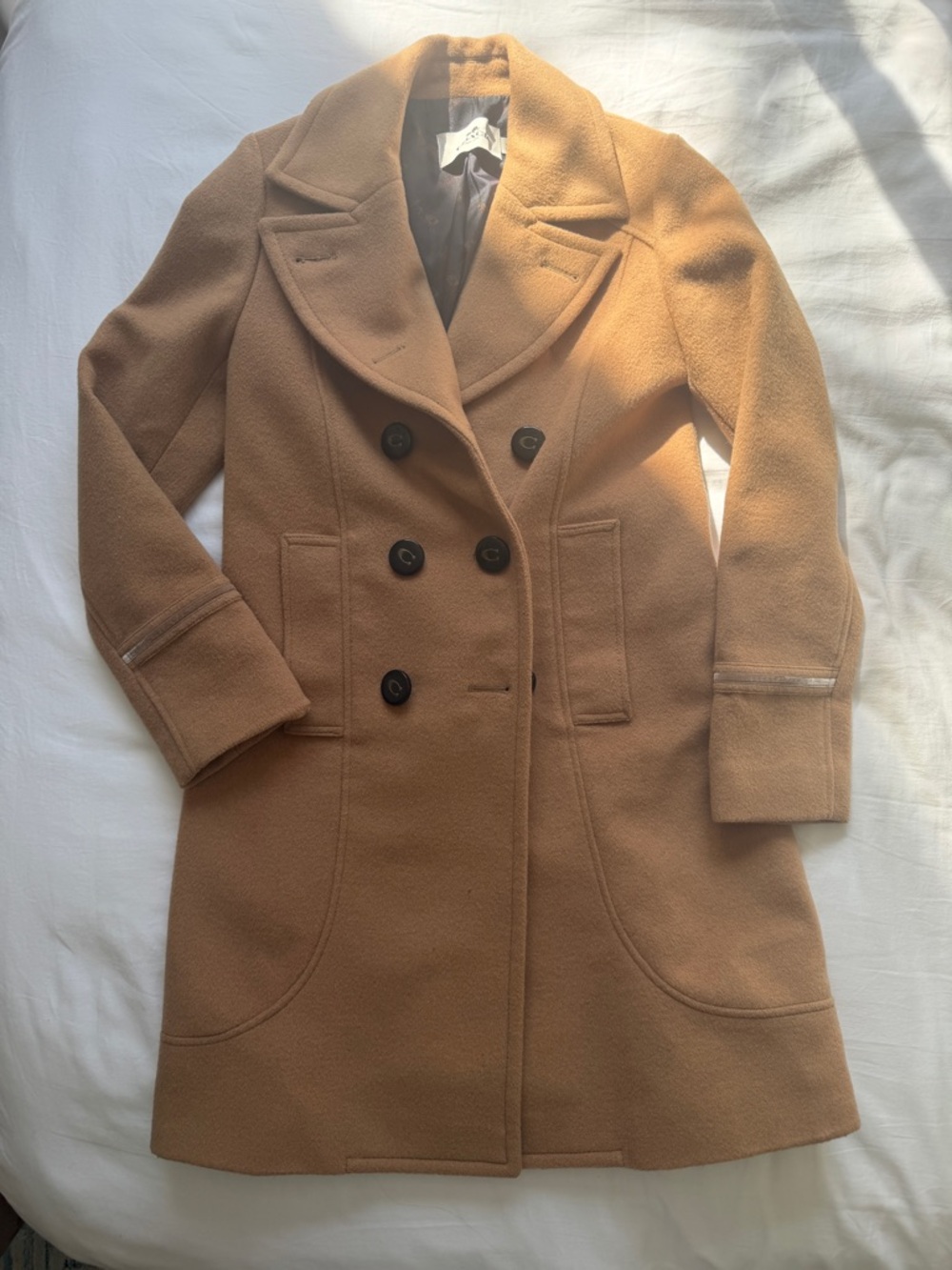 Coach Camel Wool-Blend Double-Breasted Pea Coat